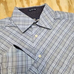Robert Graham Mens XL Blue Diagonal Plaid Button Up‎ Shirt Navy Flip Cuff